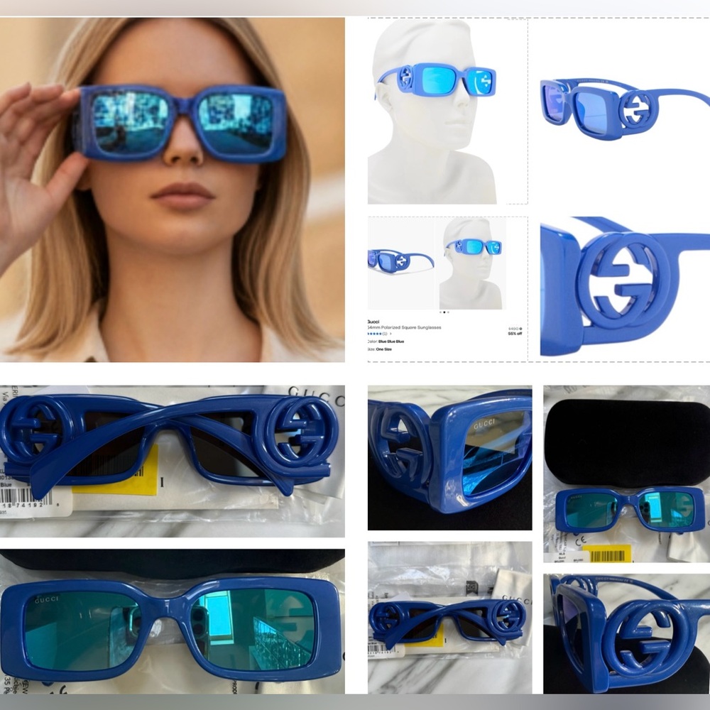 GUCCI SUNGLASSES STRIKING BLUE RECTANGULAR SUNGLASSES WITH BLUE MIRROR LENSES - Picture 6 of 16
